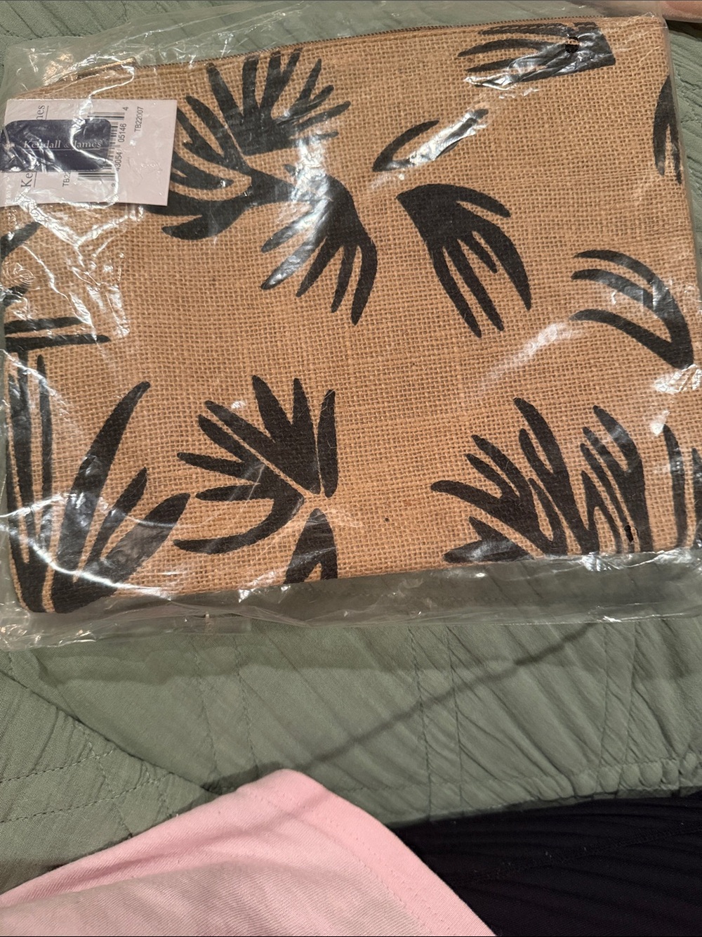 Swimsuit Bikini bag Woven Jute Pouch with Black Leaf Print NWT